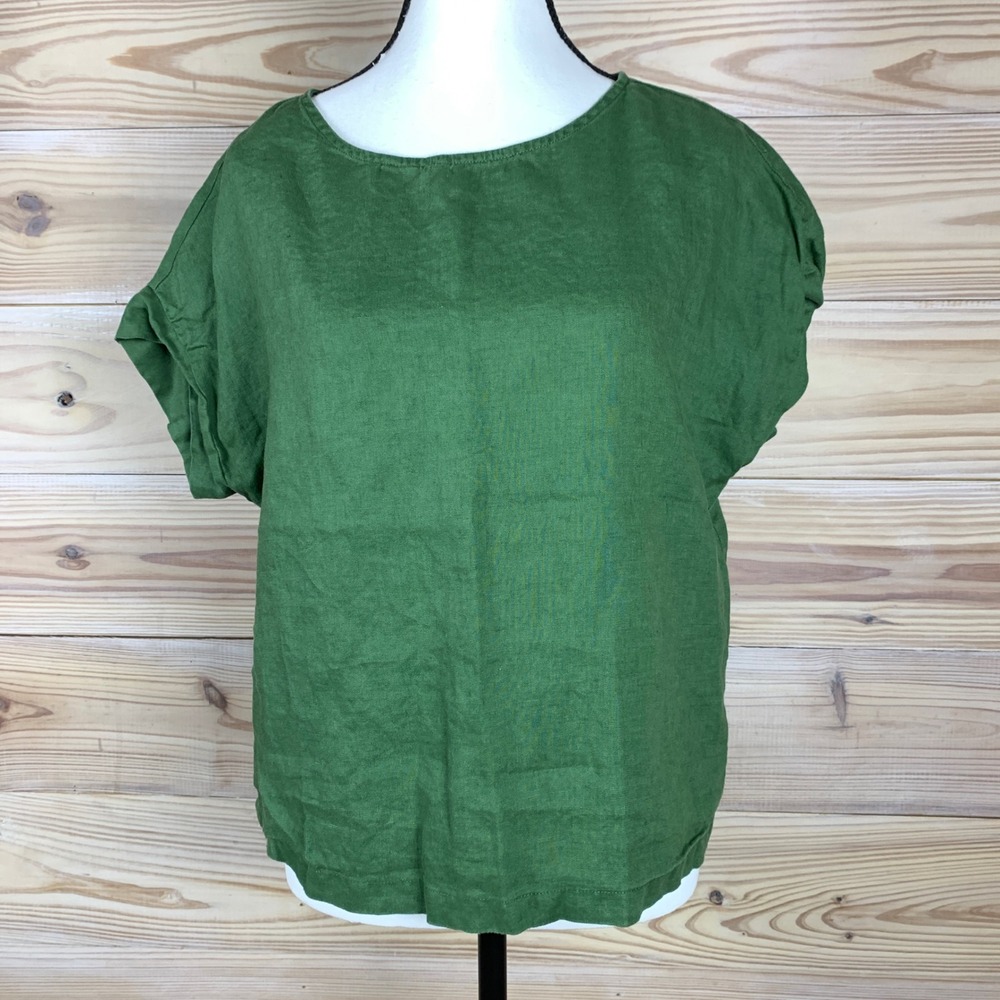Hannah Canvas Top Womens L Kelly Green Linen Short Sleeve Blouse Earthy Boho